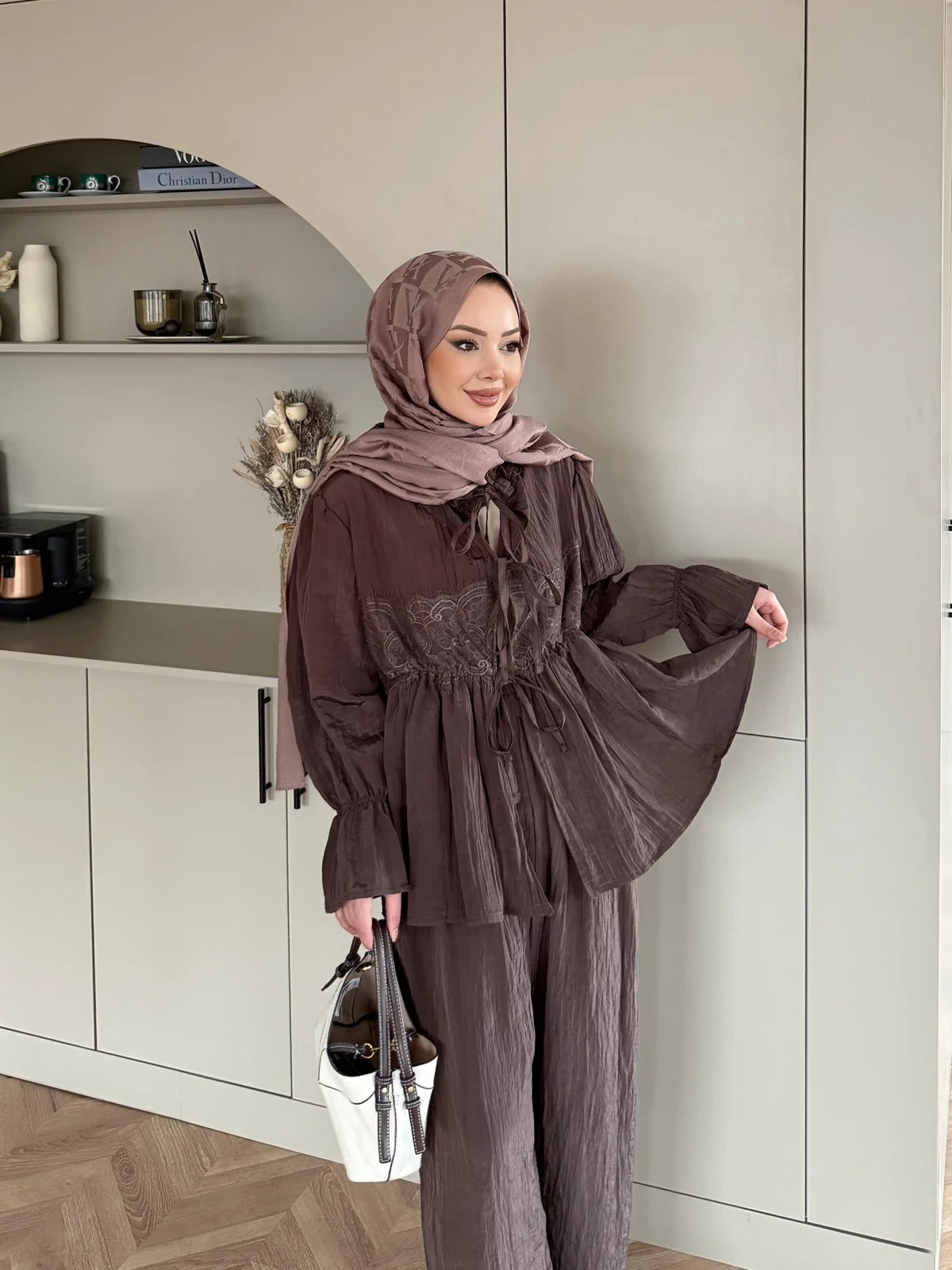 Nada Lace Detail Two-Piece Set – Brown