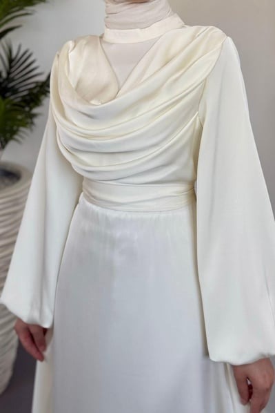 Silky Satin Cowl Neck Ecru Maxi Evening Dress