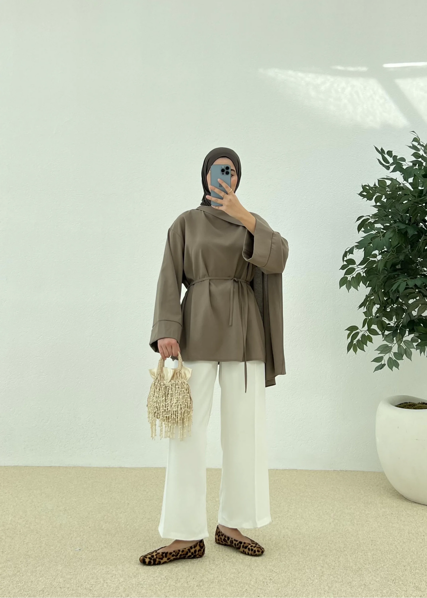 Chic Brown Tunic with Shawl Neckline
