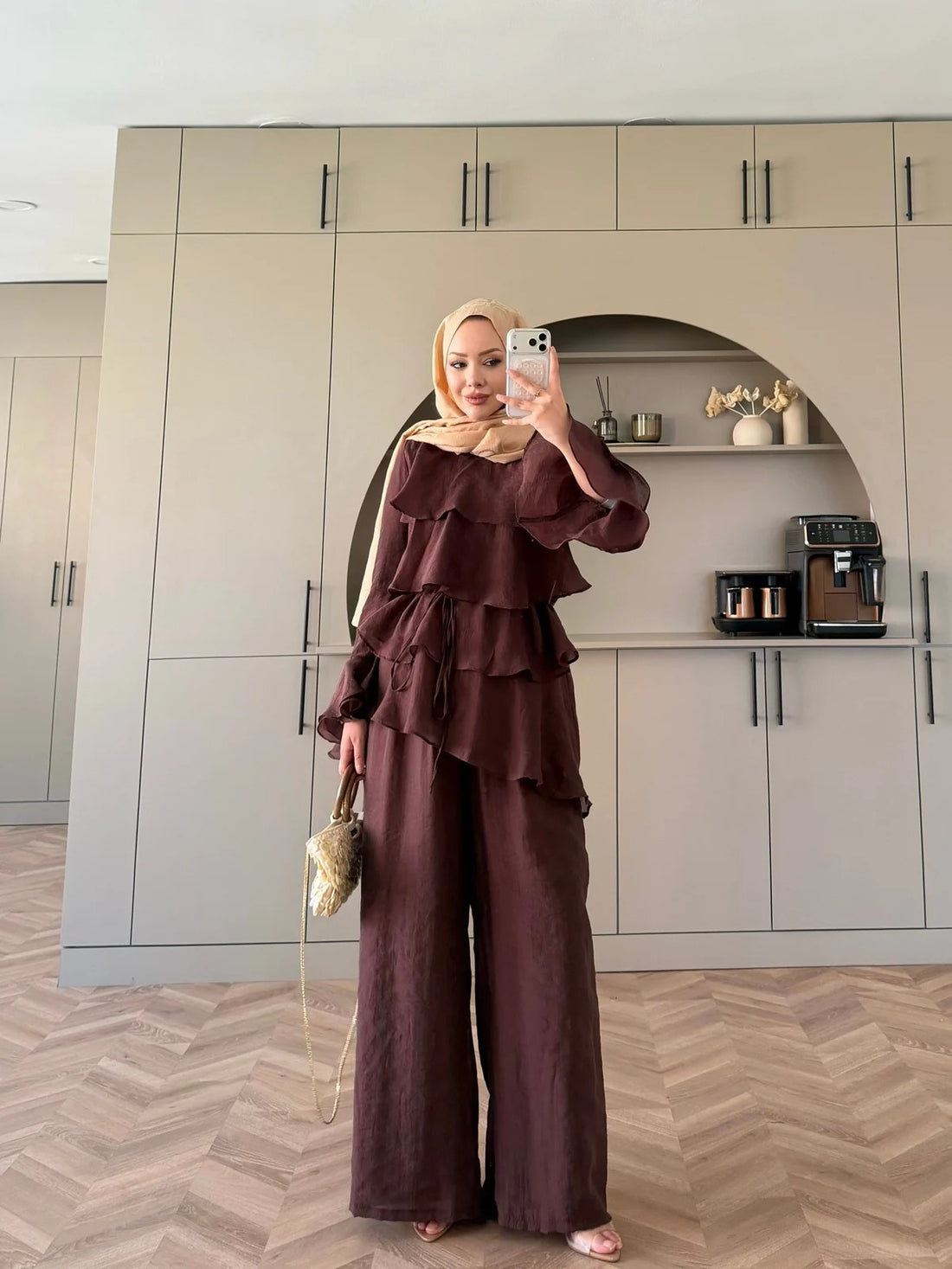 Tiered Tulle Trouser Set in Brown