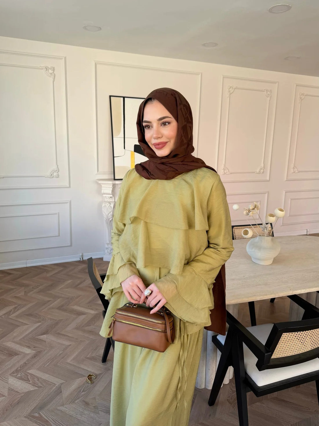 Tiered Tulle Trouser Set in Oil Green