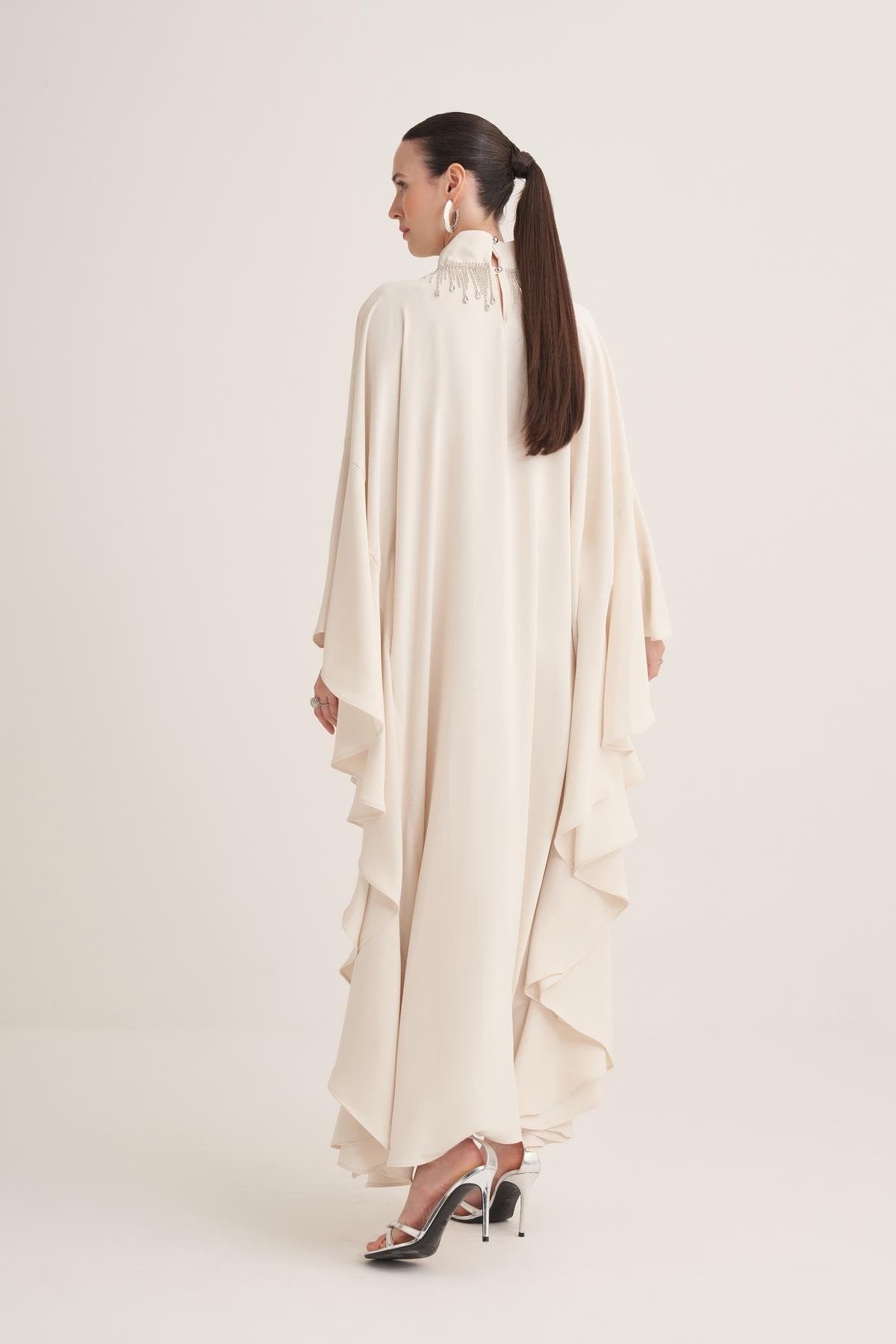 Cream Kaftan Dress with Draped Cape Sleeves & Crystal Fringe Neckline