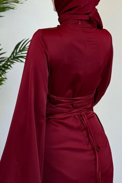 Elegant Burgundy Satin Modest Evening Dress with Baguette Stone Waist Detail