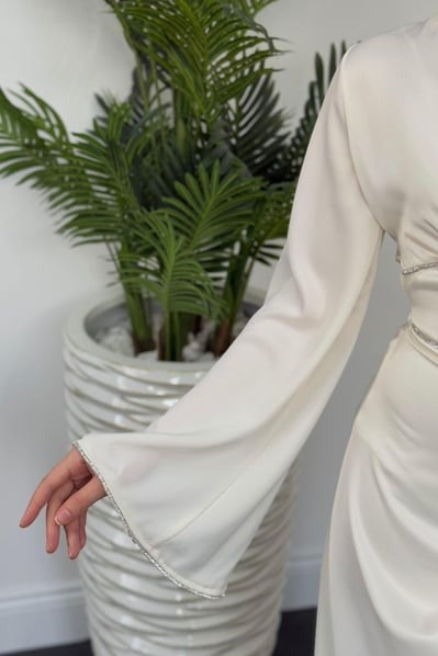 Elegant White Satin Modest Evening Dress with Baguette Stone Waist Detail