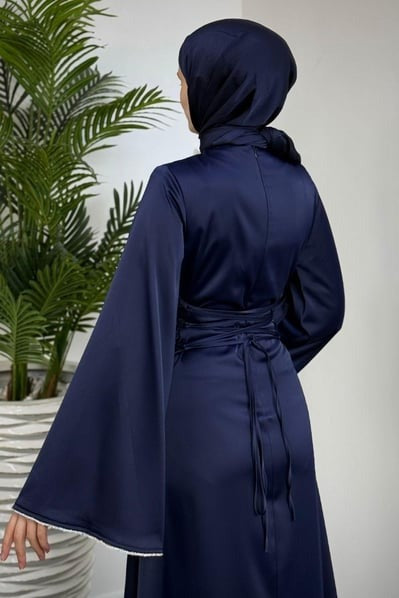 Elegant Navy Satin Modest Evening Dress with Baguette Stone Waist Detail