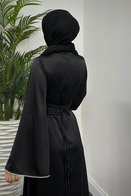 Elegant Black Satin Modest Evening Dress with Baguette Stone Waist Detail