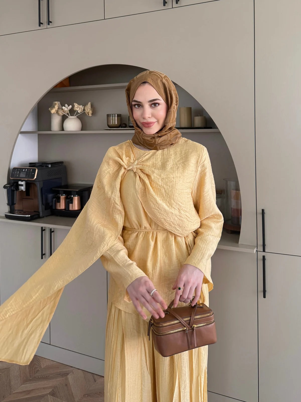 Yellow Starfish Brooch Cape Detail Muslin Trouser Set