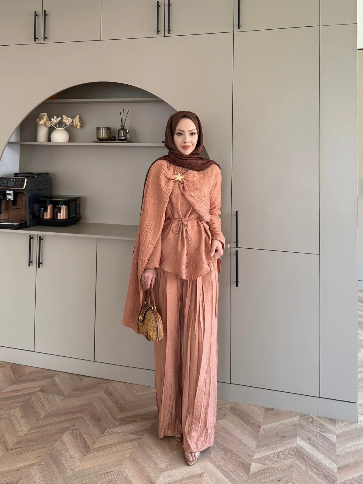 Salmon Starfish Brooch Cape Detail Muslin Trouser Set