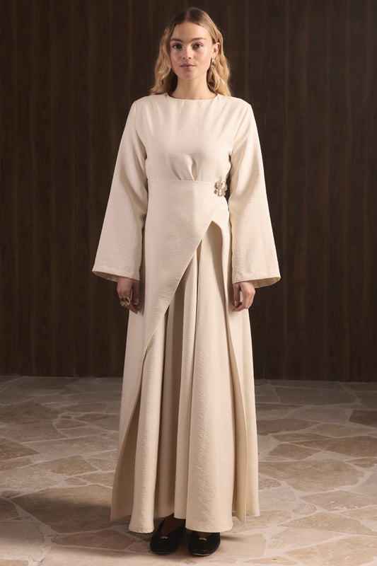 Front Brooch Detail Cupro Maxi Dress – Beige