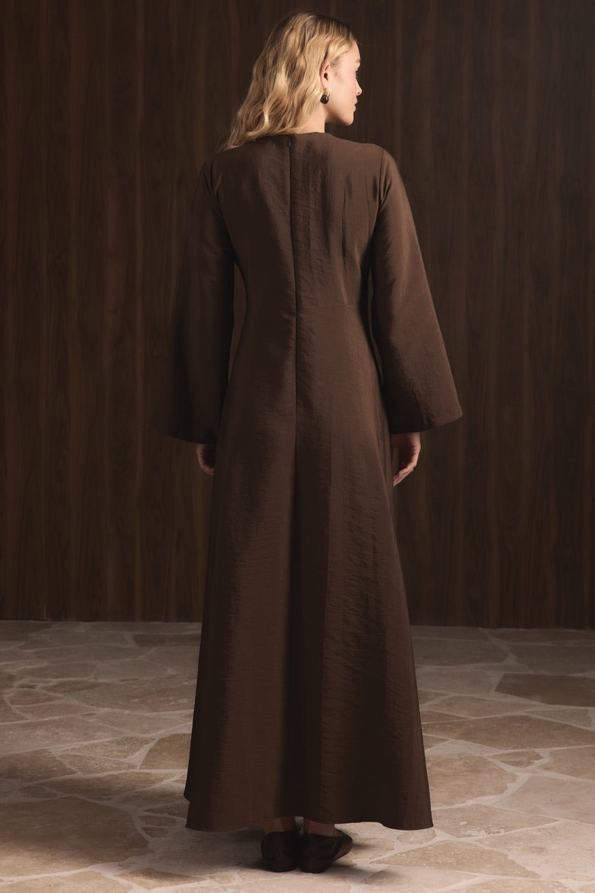 Front Brooch Detail Cupro Maxi Dress – Brown