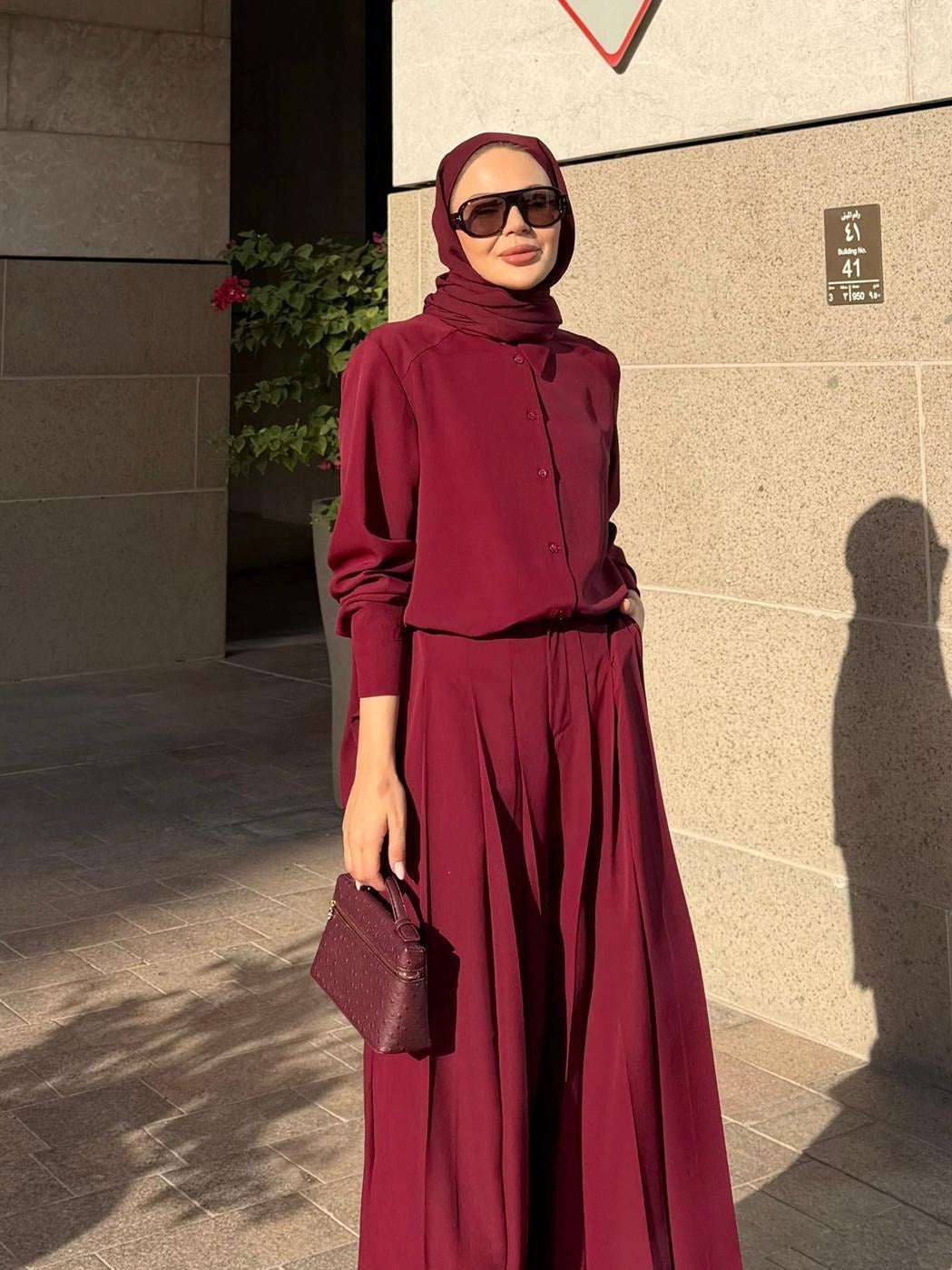 Daphne Pleated Pants Set – Burgundy