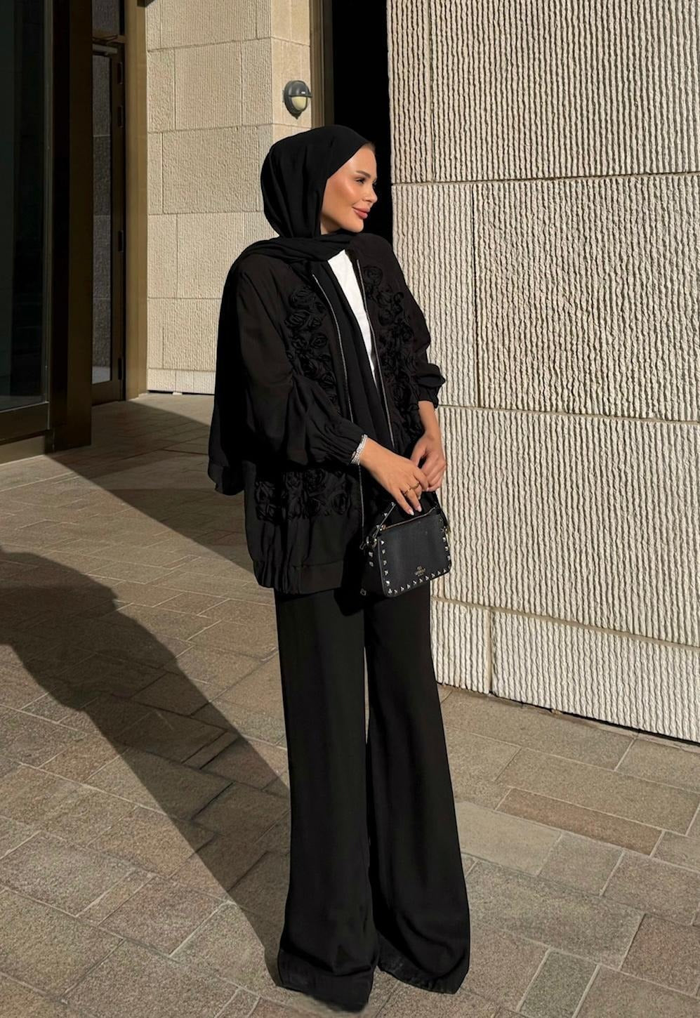 Rose Embellished Pants Set – Black