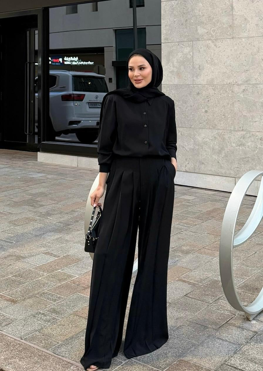 Daphne Pleated Pants Set – Black