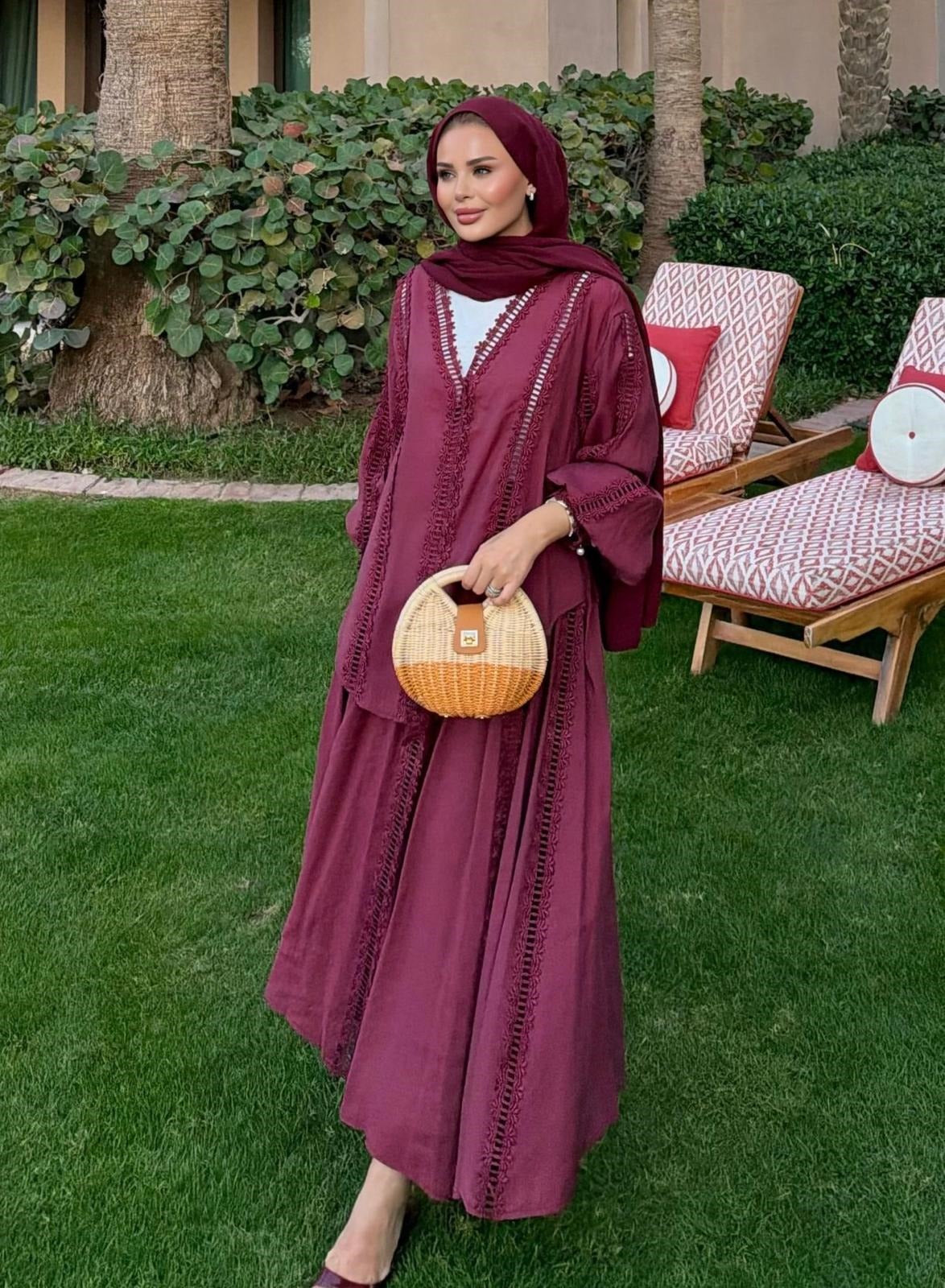 Lace Trim V-Neck Oversized Top & Flared Maxi Skirt Co-ord Set - Burgundy