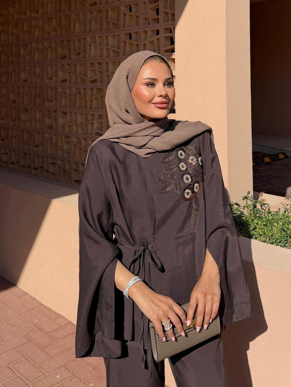 Embroidered Pants Set – Dark Brown