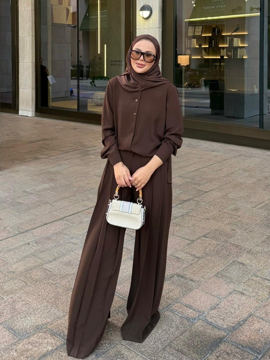 Daphne Pleated Pants Set – Brown