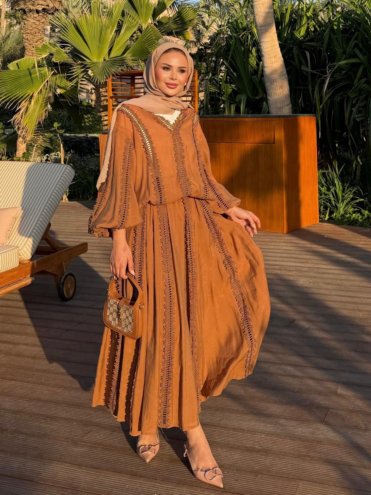 Lace Trim V-Neck Oversized Top & Flared Maxi Skirt Co-ord Set - Cinnamon