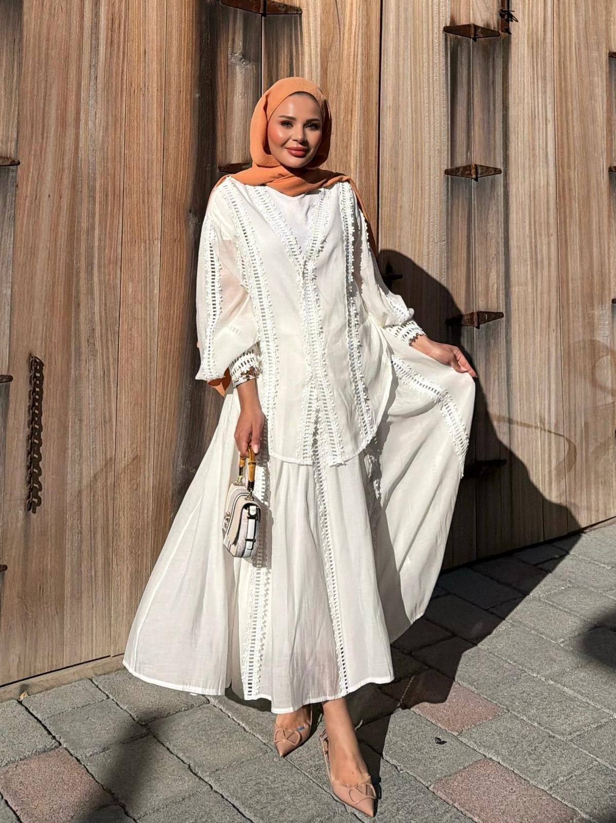 Lace Trim V-Neck Oversized Top & Flared Maxi Skirt Co-ord Set - Ecrou