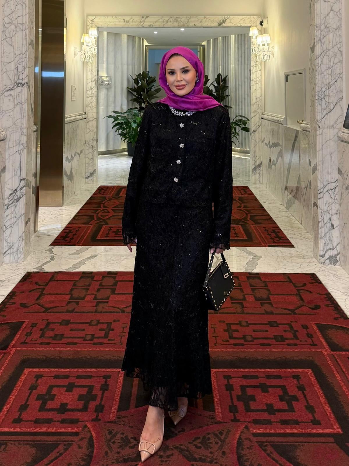 Lace Shimmer Skirt Set – Black