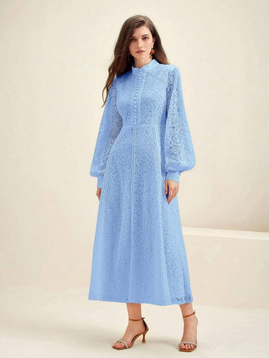 Long‑Sleeve Rose Lace Maxi Dress – Baby Blue