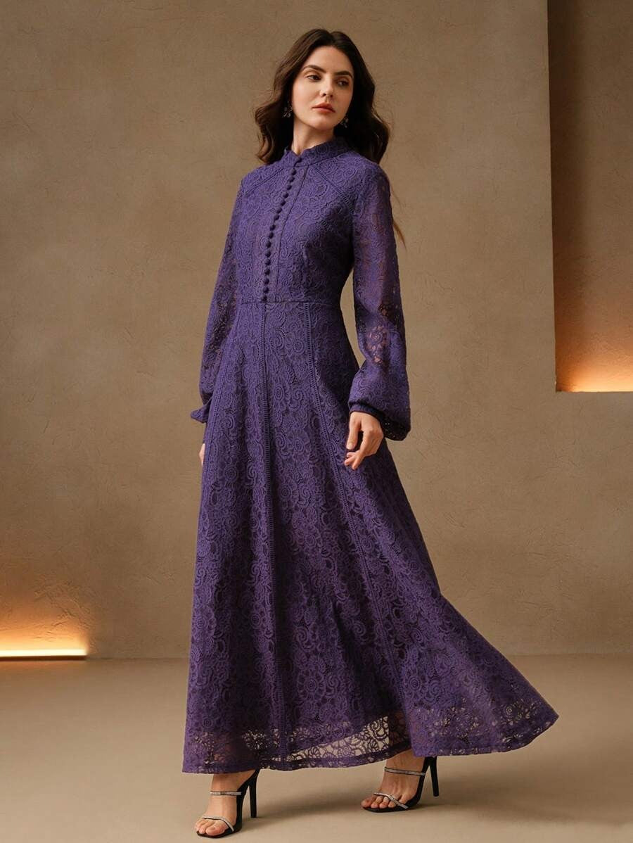 Long‑Sleeve Rose Lace Maxi Dress – Lavender Purple