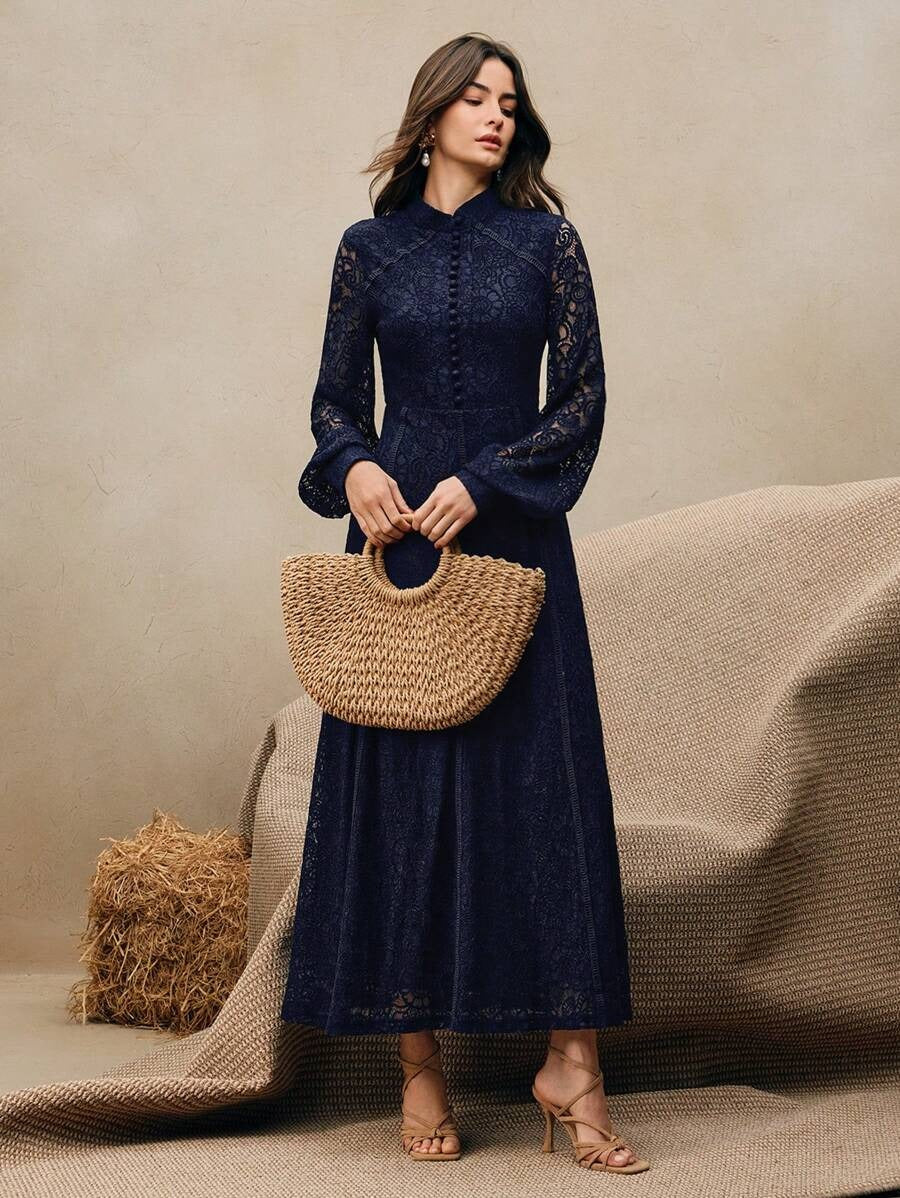 Long‑Sleeve Rose Lace Maxi Dress – Navy Blue