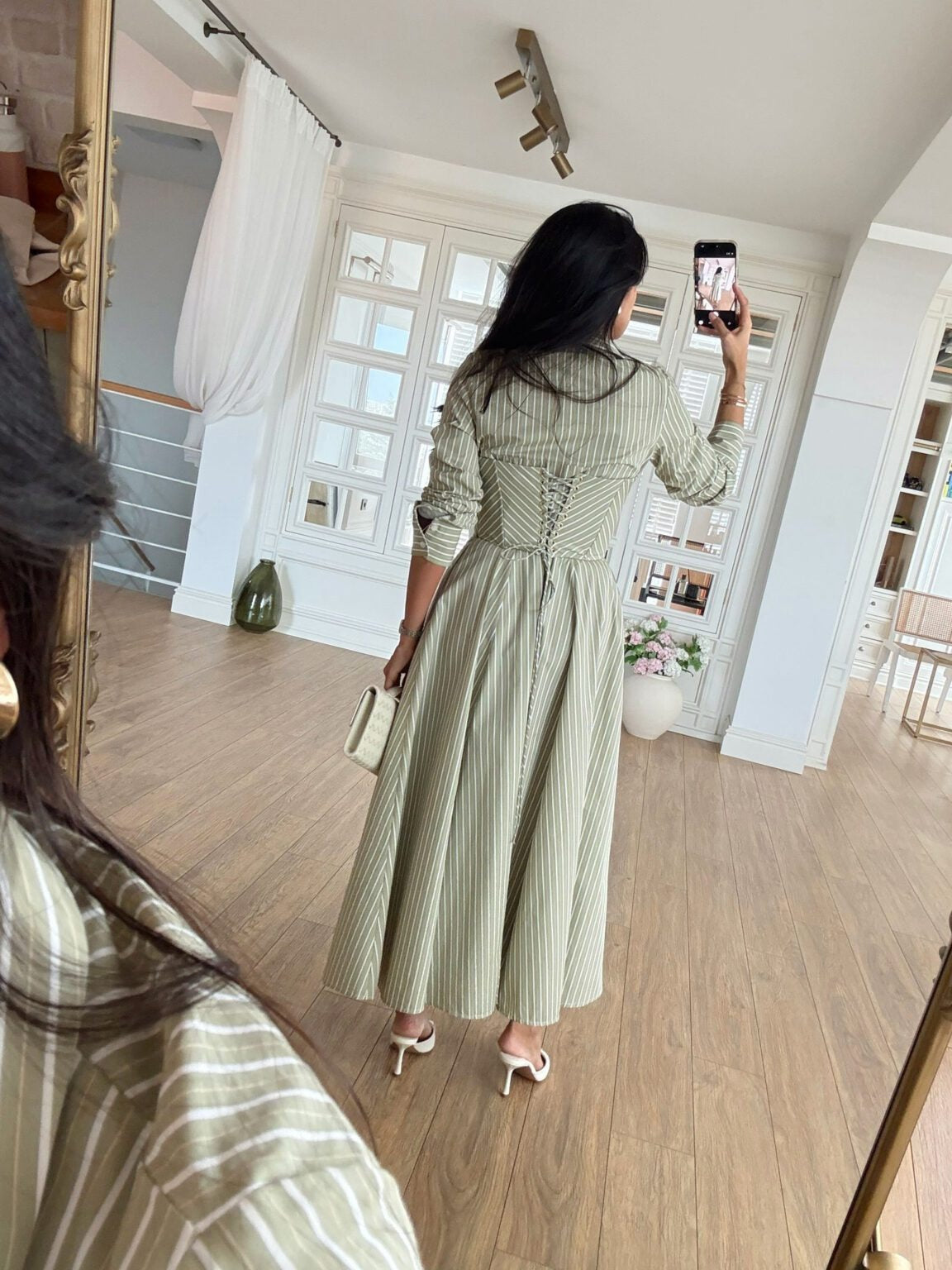 Green Striped Cotton Maxi Shirt Dress