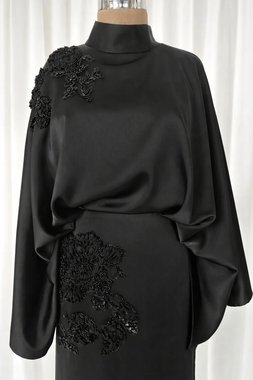 Soraya Stone-Embellished Modest Satin Cape Pencil Dress - Evening Dress - Black