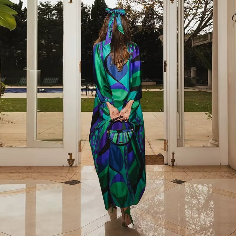 Casual Vacation Long Puff Sleeve V-neck Beach Dresses