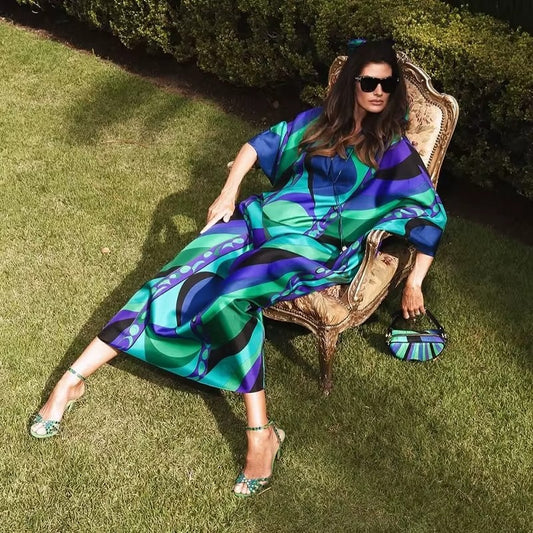 Casual Vacation Long Puff Sleeve V-neck Beach Dresses