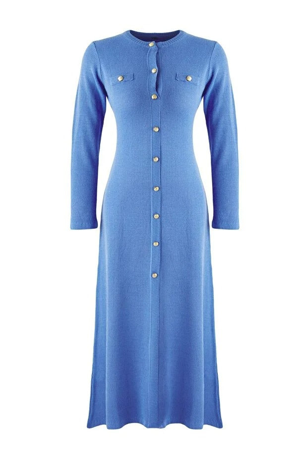 Blue Gold Buttoned Ribbed Knit Dress