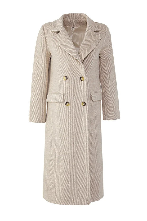 Herringbone Pattern Long Wool-Blend Coat
