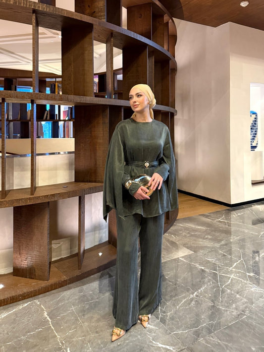 Premium Silk Cupro Piece Set with Pants – Khaki