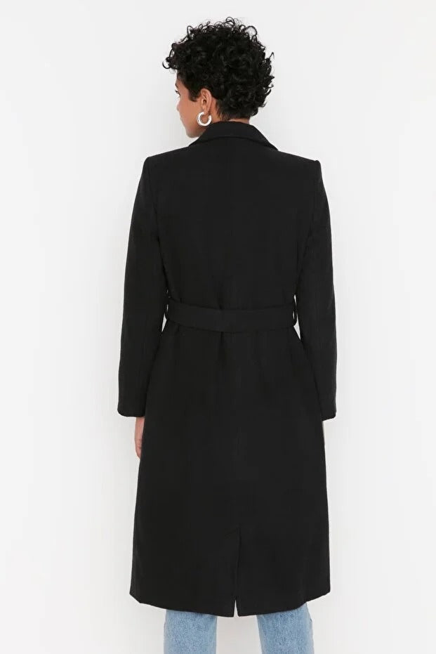 Black Fitted Long Wool-Blend Coat with Belt and Gold Buttons