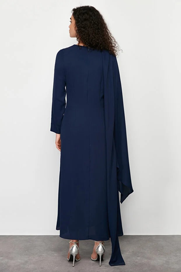 Navy Blue Shawl-Detail Evening Dress