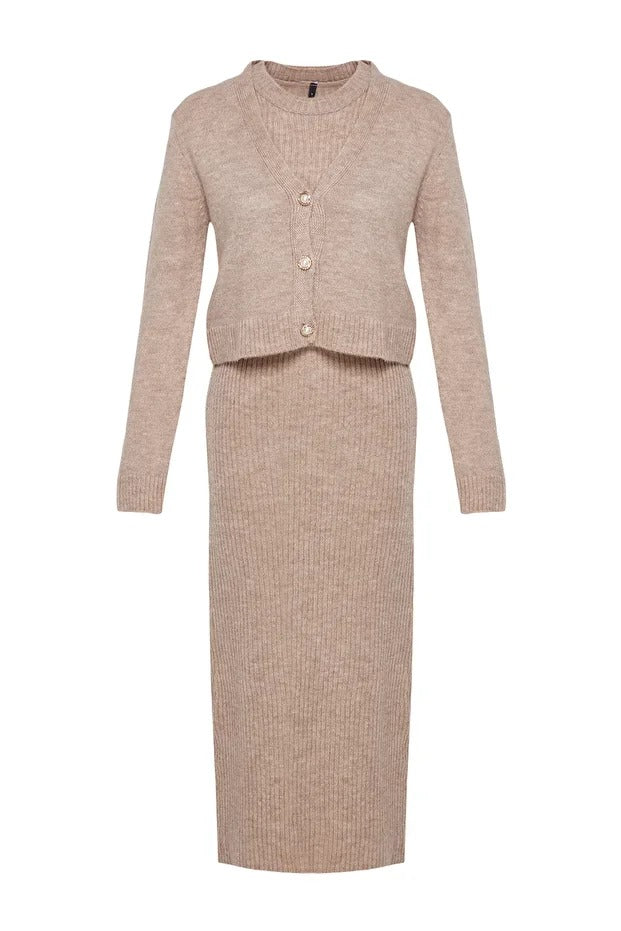 Dark Khaki Ribbed Soft-Knit Dress & Cardigan Set