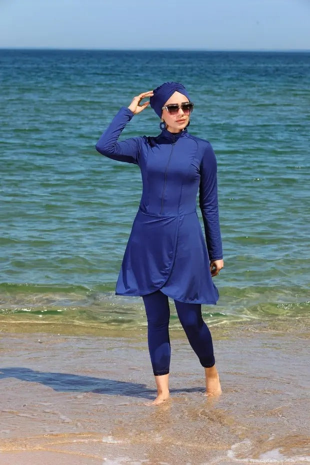 Pareo Style Full Coverage Burkini - 3 Piece Modest Swimsuit -Blue