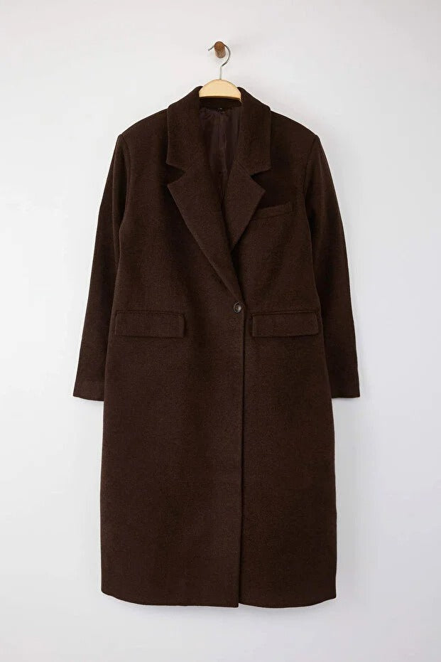 Brown Oversized Long Wool-Blend Coat