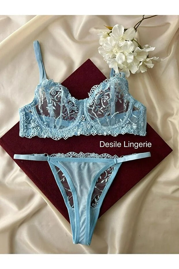 Light Blue Bralette Set - Lace 2-Piece Lingerie with Thong