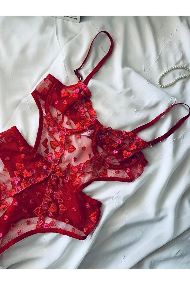 Valentine’s Amour – Heart Embroidered Underwired Mesh Bodysuit