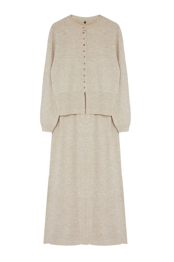 Ecru Button-Front Knit Cardigan & Skirt Set
