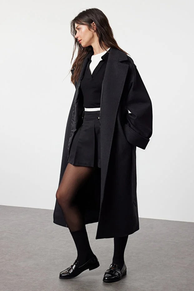 Black Belted Regular Fit Long Wool-Blend Coat