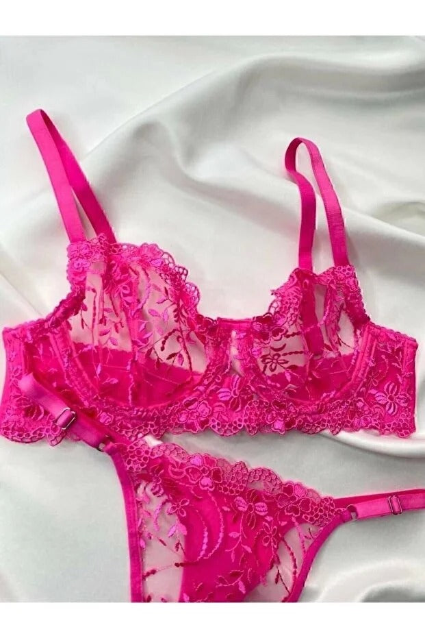 Embroidered Barbie Pink Lace Lingerie Set – Underwired Bra & Thong