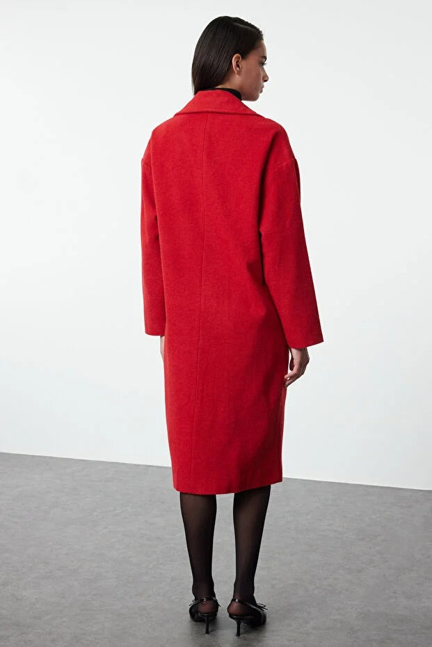 Red Oversized Wide-Cut Long Wool-Blend Coat
