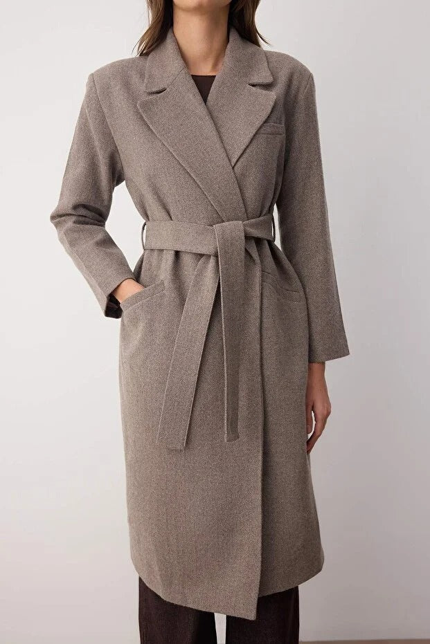 Taupe Herringbone Double-Breasted Oversized Long Wool-Blend Coat