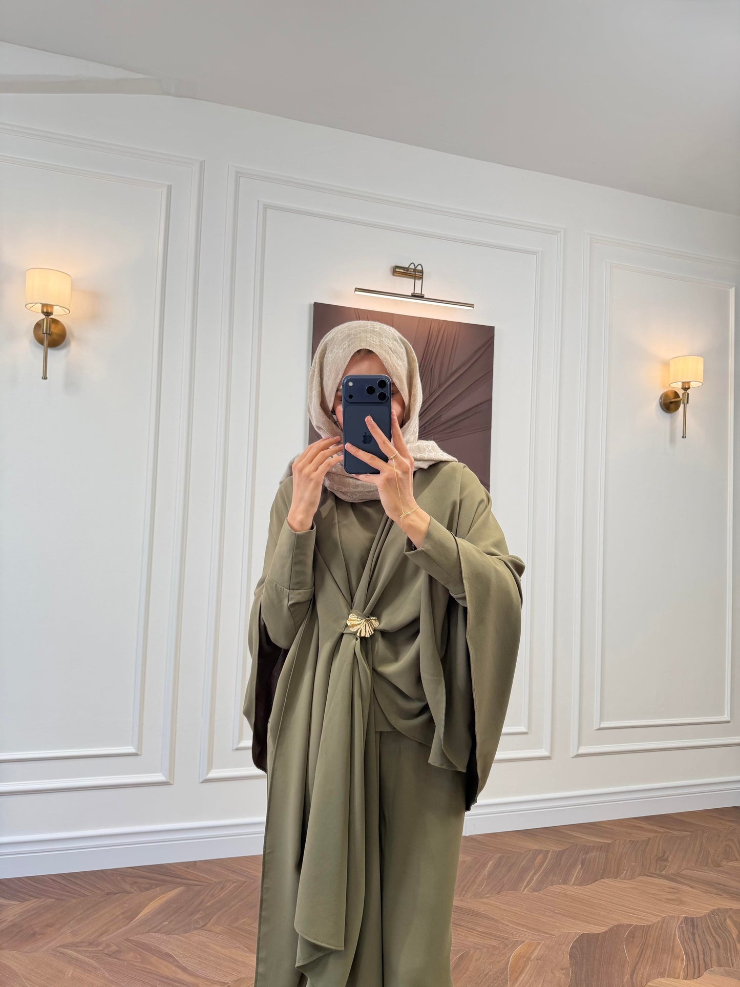 Sage Green Cape-Sleeve Co-ord Set with Gold Brooch Detail