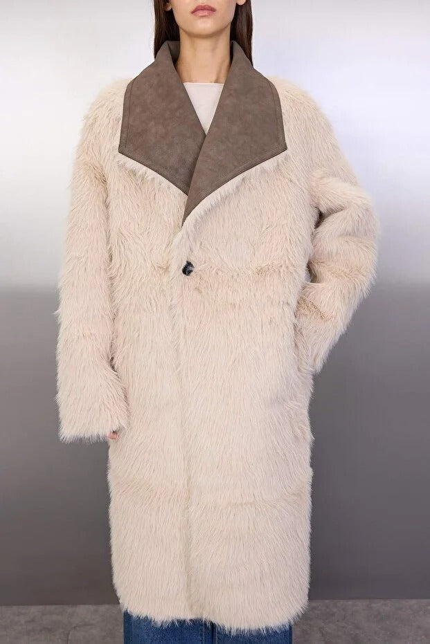 Taupe-Ecru Reversible Long Suede Coat with Fur Lapel and Mono Closure