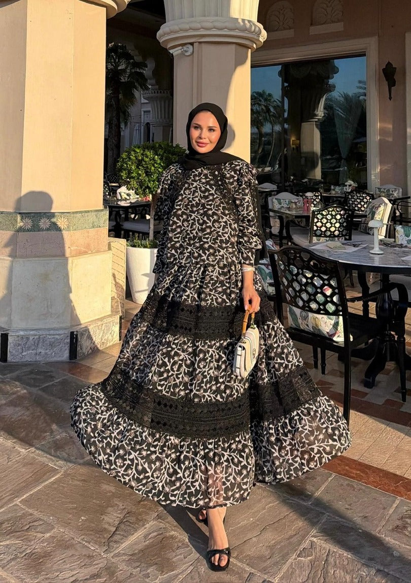 Floral Print Lace-Trim Tiered Maxi Co-ord Set - Black