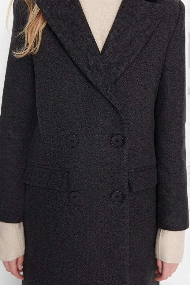 Black Herringbone Pattern Long Wool-Blend Coat