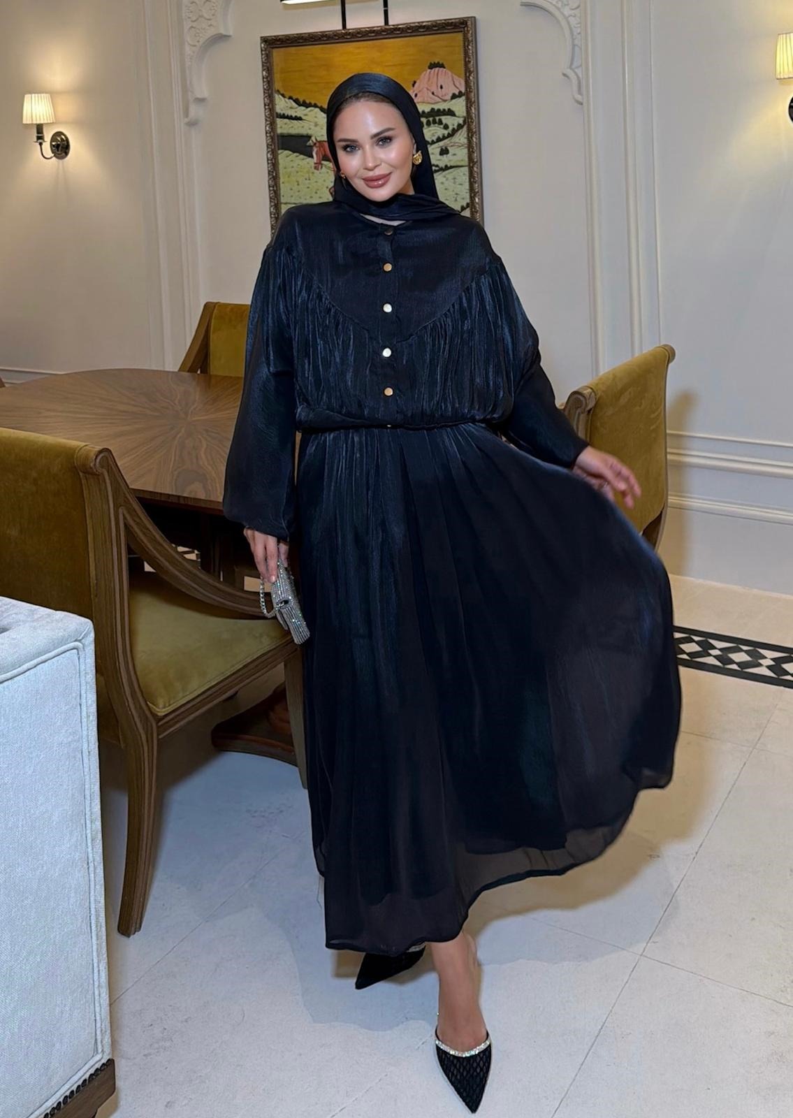 Shimmer Metallic Gathered Top & Flared Maxi Skirt Evening Co-ord Set - Black